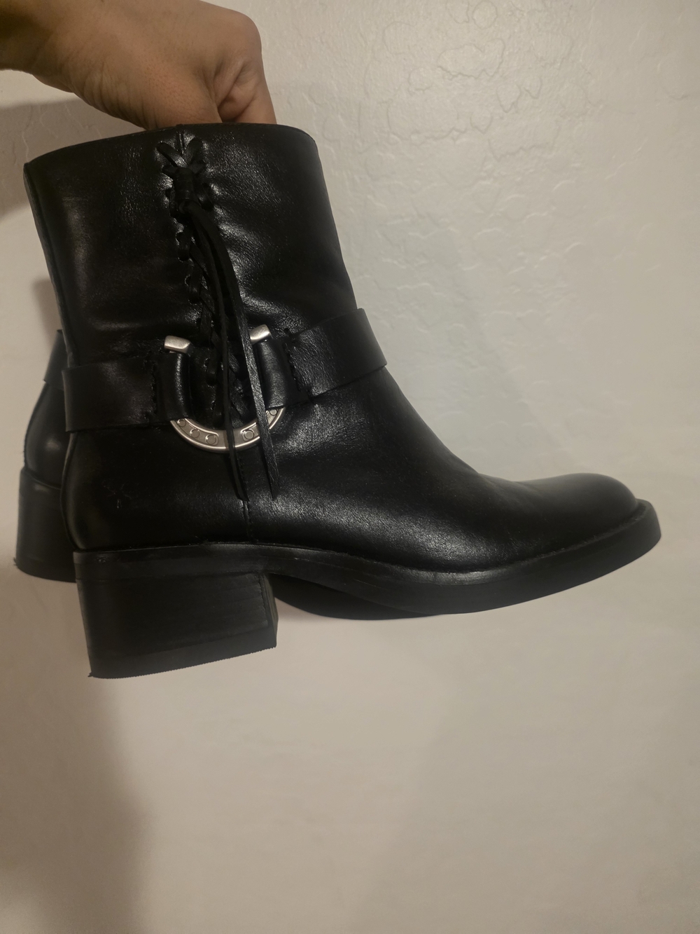 Lucky Brand Black Leather Ankle Boots with Silver Ring Accent